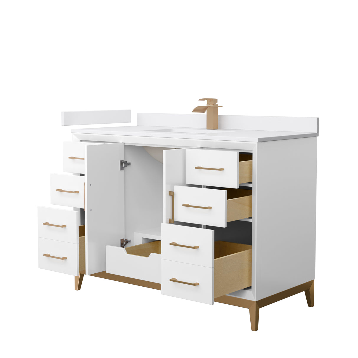 Amici 48 Inch Single Bathroom Vanity in White White Cultured Marble Countertop Undermount Square Sink Satin Bronze Trim