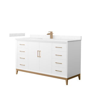 Amici 60 Inch Single Bathroom Vanity in White Carrara Cultured Marble Countertop Undermount Square Sink Satin Bronze Trim