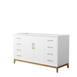 Amici 60 Inch Single Bathroom Vanity in White No Countertop No Sink Satin Bronze Trim