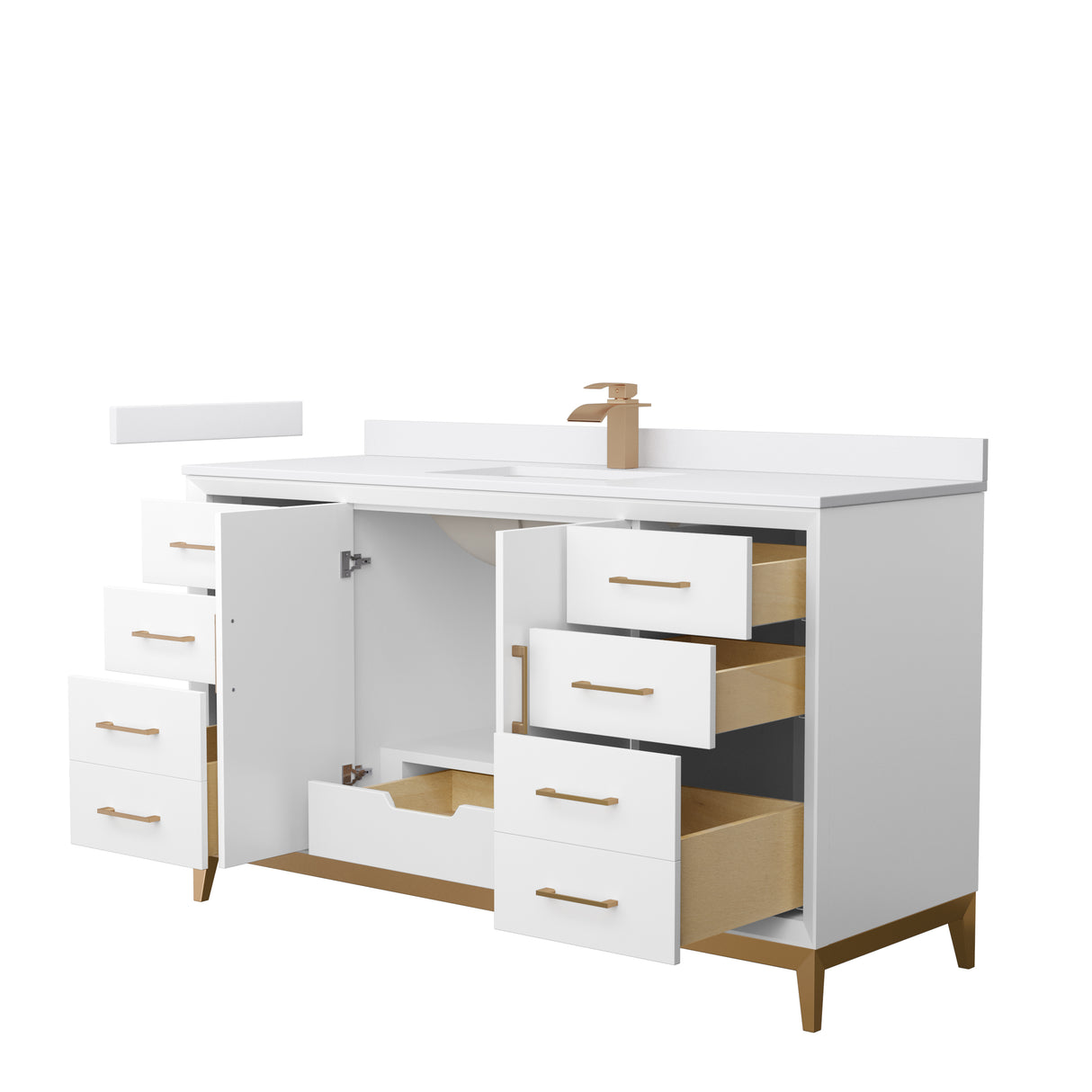 Amici 60 Inch Single Bathroom Vanity in White White Cultured Marble Countertop Undermount Square Sink Satin Bronze Trim