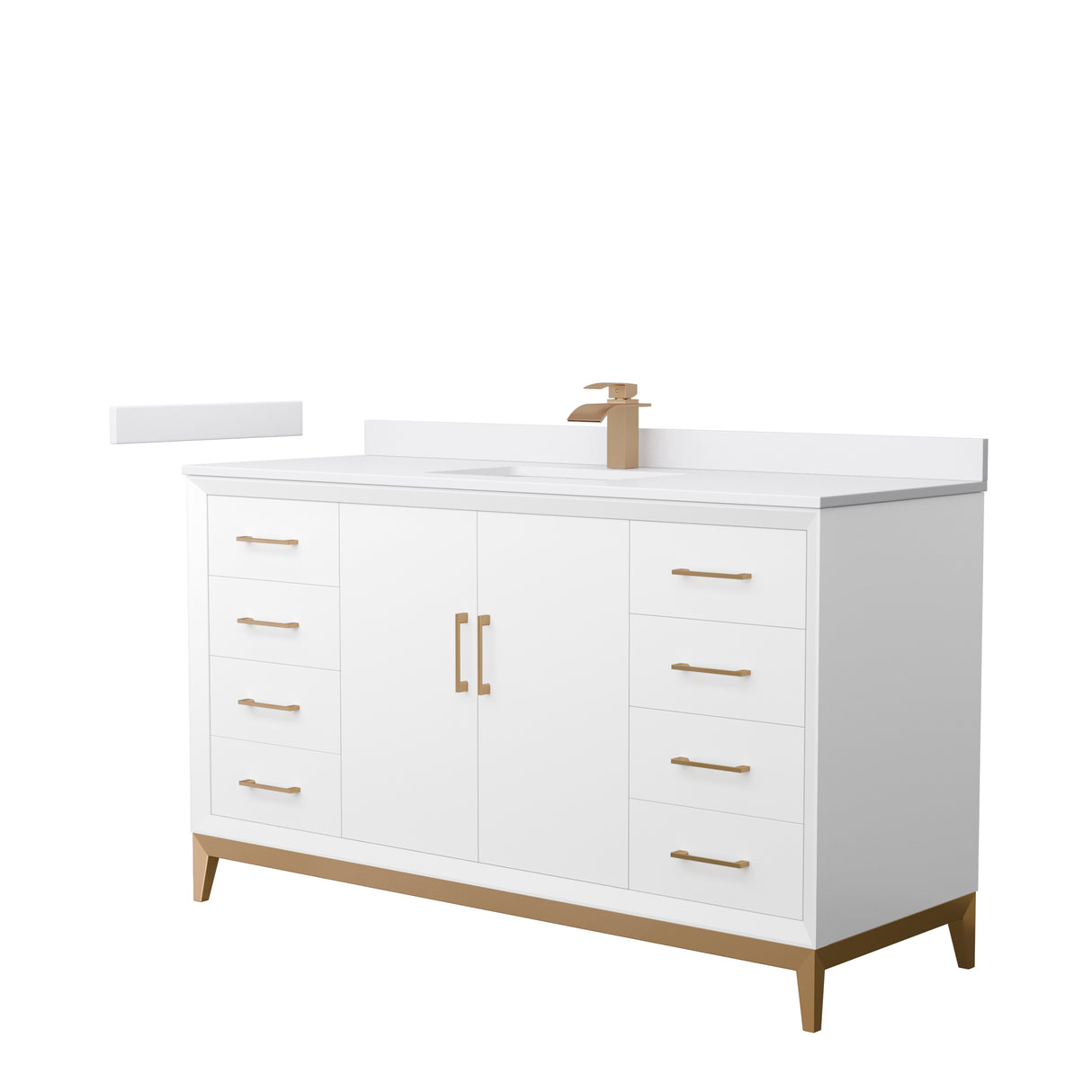 Amici 60 Inch Single Bathroom Vanity in White White Cultured Marble Countertop Undermount Square Sink Satin Bronze Trim