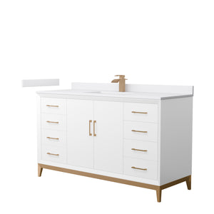 Amici 60 Inch Single Bathroom Vanity in White White Cultured Marble Countertop Undermount Square Sink Satin Bronze Trim