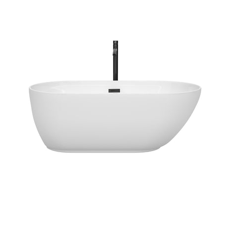 Melissa 60 Inch Freestanding Bathtub in White with Floor Mounted Faucet Drain and Overflow Trim in Matte Black
