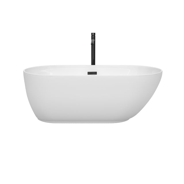 Melissa 60 Inch Freestanding Bathtub in White with Floor Mounted Faucet Drain and Overflow Trim in Matte Black