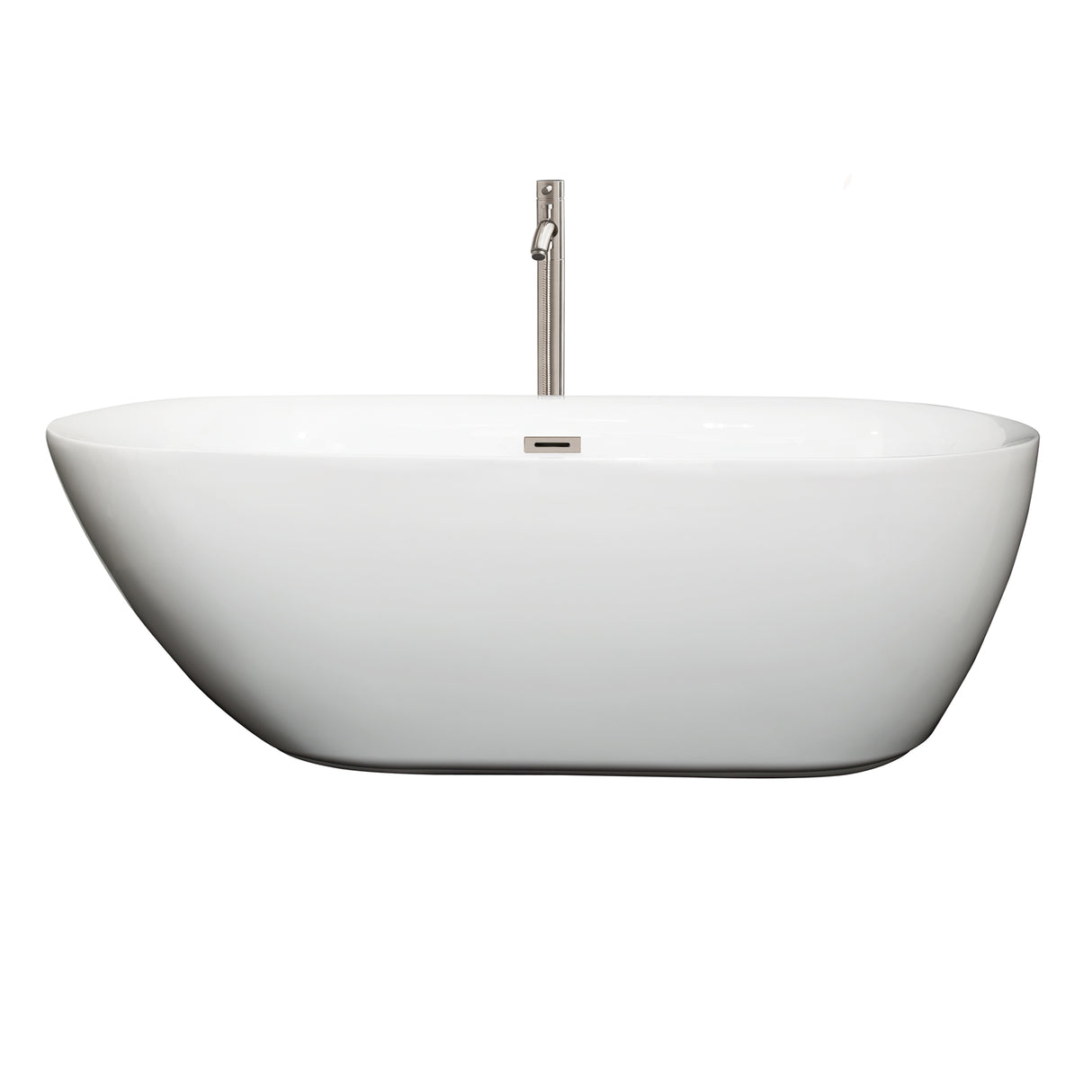 Melissa 65 Inch Freestanding Bathtub in White with Floor Mounted Faucet Drain and Overflow Trim in Brushed Nickel