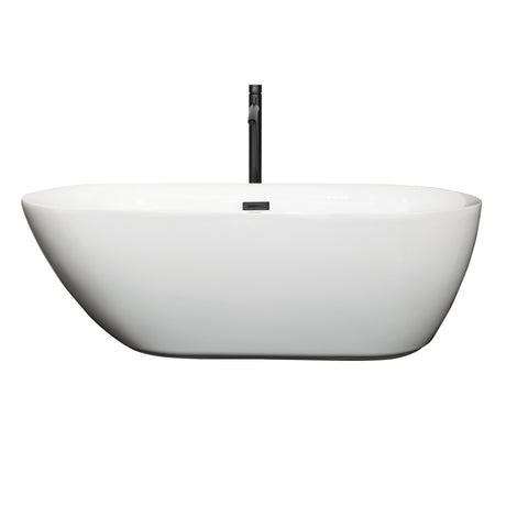 Melissa 65 Inch Freestanding Bathtub in White with Floor Mounted Faucet Drain and Overflow Trim in Matte Black