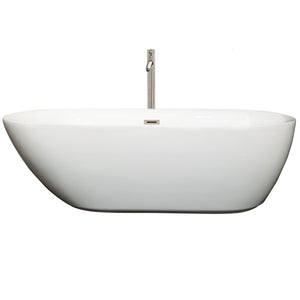 Melissa 71 Inch Freestanding Bathtub in White with Floor Mounted Faucet Drain and Overflow Trim in Brushed Nickel