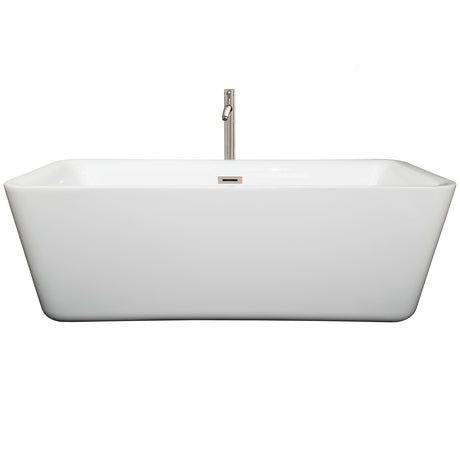 Emily 69 Inch Freestanding Bathtub in White with Floor Mounted Faucet Drain and Overflow Trim in Brushed Nickel