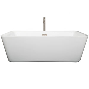 Emily 69 Inch Freestanding Bathtub in White with Floor Mounted Faucet Drain and Overflow Trim in Brushed Nickel
