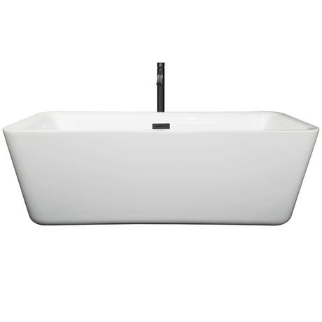 Emily 69 Inch Freestanding Bathtub in White with Floor Mounted Faucet Drain and Overflow Trim in Matte Black