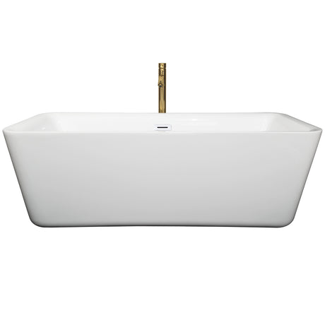 Emily 69 Inch Freestanding Bathtub in White with Shiny White Trim and Floor Mounted Faucet in Brushed Gold