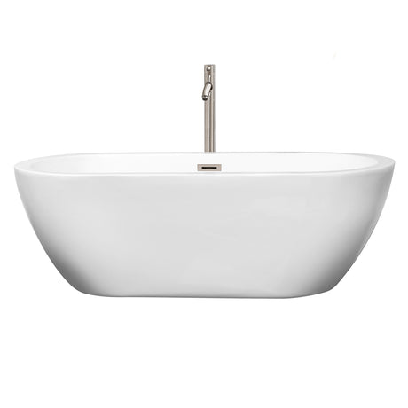 Soho 68 Inch Freestanding Bathtub in White with Floor Mounted Faucet Drain and Overflow Trim in Brushed Nickel