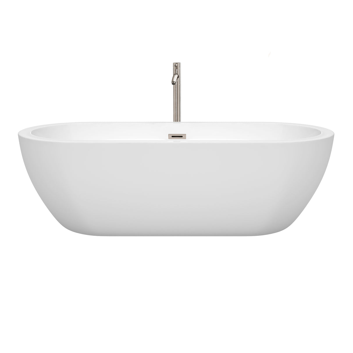 Soho 72 Inch Freestanding Bathtub in White with Floor Mounted Faucet Drain and Overflow Trim in Brushed Nickel