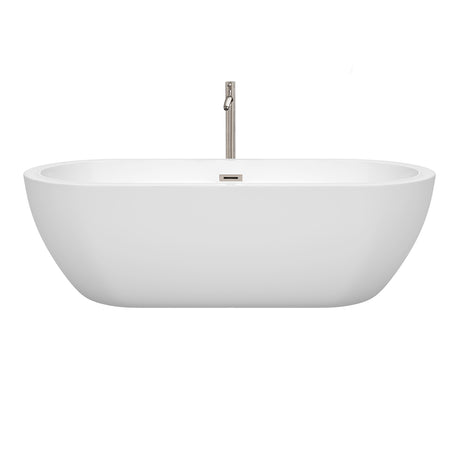 Soho 72 Inch Freestanding Bathtub in White with Floor Mounted Faucet Drain and Overflow Trim in Brushed Nickel