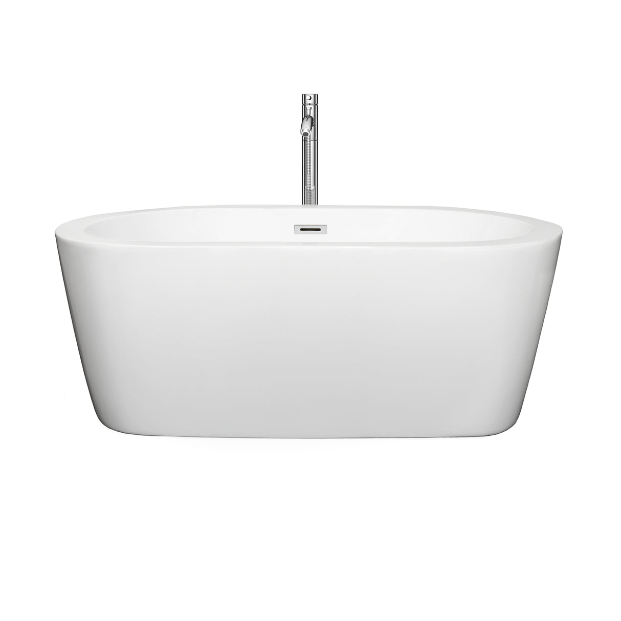 Mermaid 60 Inch Freestanding Bathtub in White with Floor Mounted Faucet Drain and Overflow Trim in Polished Chrome