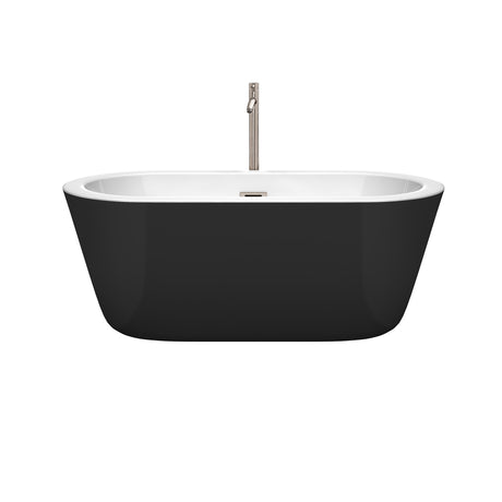 Mermaid 60 Inch Freestanding Bathtub in Black with White Interior with Floor Mounted Faucet Drain and Overflow Trim in Brushed Nickel