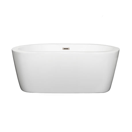 Mermaid 60 Inch Freestanding Bathtub in White with Brushed Nickel Drain and Overflow Trim