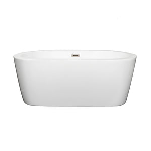 Mermaid 60 Inch Freestanding Bathtub in White with Brushed Nickel Drain and Overflow Trim