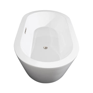 Mermaid 60 Inch Freestanding Bathtub in White with Floor Mounted Faucet Drain and Overflow Trim in Brushed Nickel