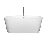 Mermaid 60 Inch Freestanding Bathtub in White with Shiny White Trim and Floor Mounted Faucet in Brushed Gold