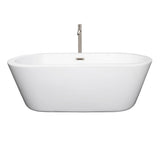 Mermaid 67 Inch Freestanding Bathtub in White with Floor Mounted Faucet Drain and Overflow Trim in Brushed Nickel