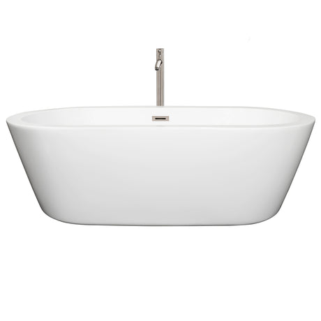 Mermaid 71 Inch Freestanding Bathtub in White with Floor Mounted Faucet Drain and Overflow Trim in Brushed Nickel