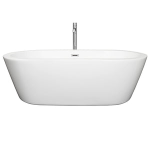 Mermaid 71 Inch Freestanding Bathtub in White with Floor Mounted Faucet Drain and Overflow Trim in Polished Chrome