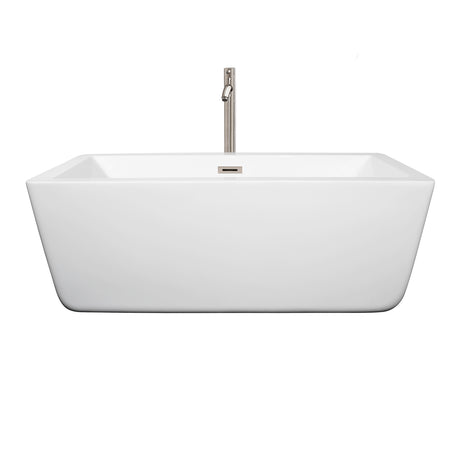 Laura 59 Inch Freestanding Bathtub in White with Floor Mounted Faucet Drain and Overflow Trim in Brushed Nickel