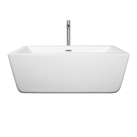Laura 59 Inch Freestanding Bathtub in White with Floor Mounted Faucet Drain and Overflow Trim in Polished Chrome