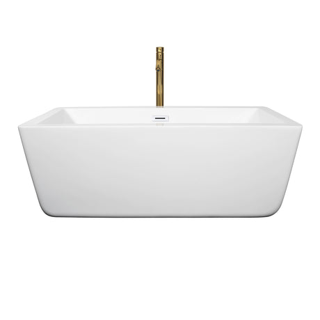 Laura 59 Inch Freestanding Bathtub in White with Shiny White Trim and Floor Mounted Faucet in Brushed Gold