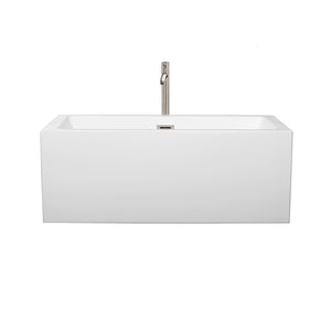 Melody 60 Inch Freestanding Bathtub in White with Floor Mounted Faucet Drain and Overflow Trim in Brushed Nickel
