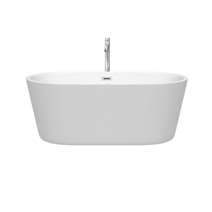 Carissa 60 Inch Freestanding Bathtub in White with Floor Mounted Faucet Drain and Overflow Trim in Polished Chrome