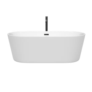 Carissa 67 Inch Freestanding Bathtub in White with Floor Mounted Faucet Drain and Overflow Trim in Matte Black