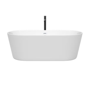Carissa 67 Inch Freestanding Bathtub in White with Shiny White Trim and Floor Mounted Faucet in Matte Black