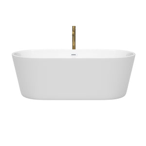 Carissa 67 Inch Freestanding Bathtub in White with Shiny White Trim and Floor Mounted Faucet in Brushed Gold