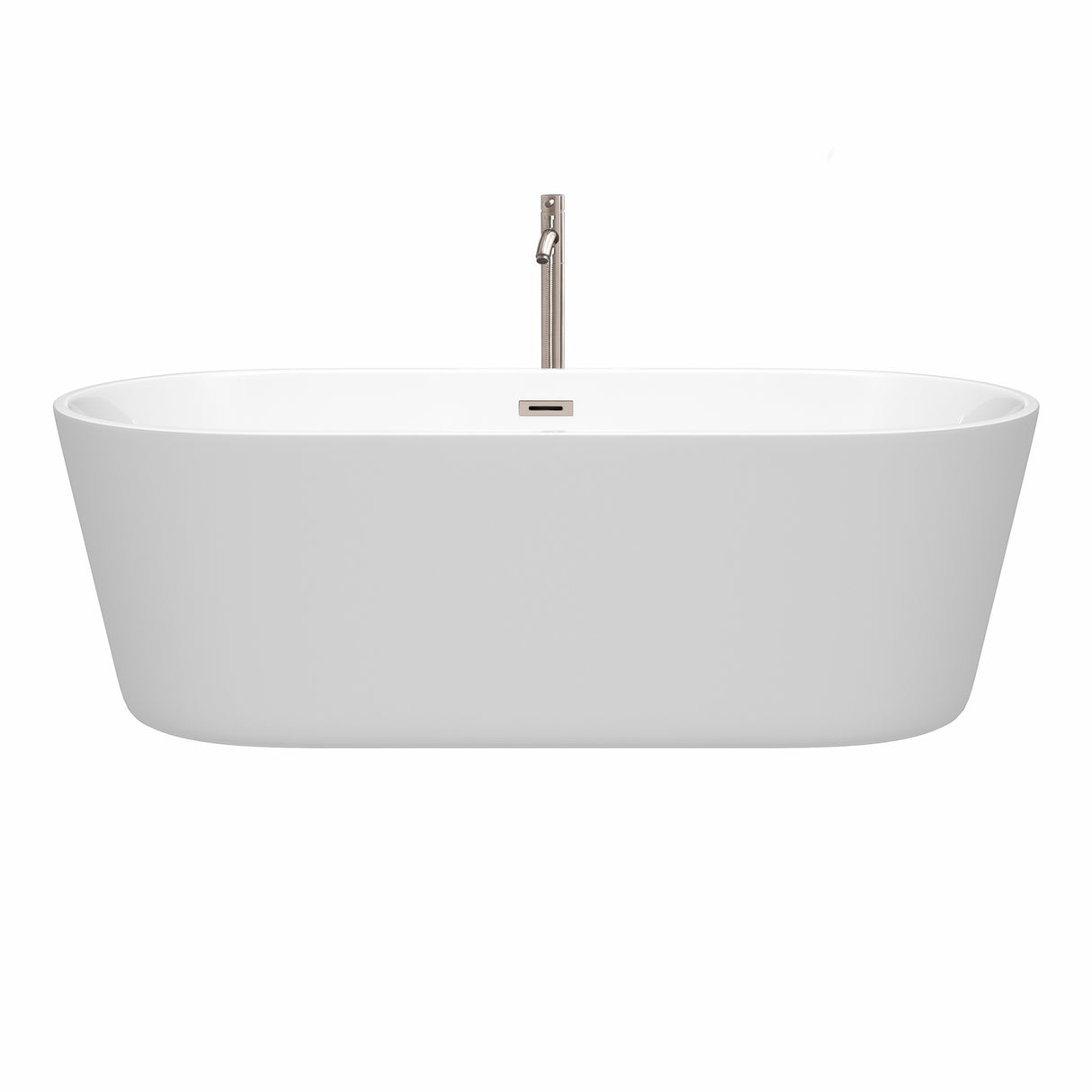 Carissa 71 Inch Freestanding Bathtub in White with Floor Mounted Faucet Drain and Overflow Trim in Brushed Nickel