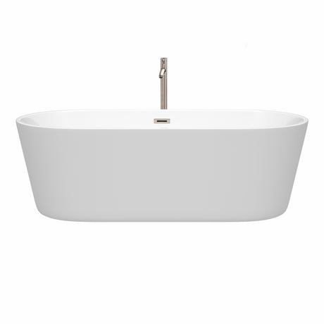 Carissa 71 Inch Freestanding Bathtub in White with Floor Mounted Faucet Drain and Overflow Trim in Brushed Nickel