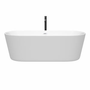 Carissa 71 Inch Freestanding Bathtub in White with Shiny White Trim and Floor Mounted Faucet in Matte Black