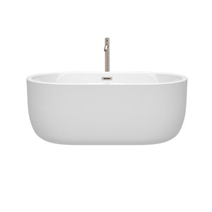 Juliette 60 Inch Freestanding Bathtub in White with Floor Mounted Faucet Drain and Overflow Trim in Brushed Nickel