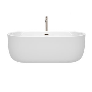 Juliette 67 Inch Freestanding Bathtub in White with Floor Mounted Faucet Drain and Overflow Trim in Brushed Nickel