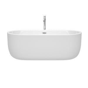Juliette 67 Inch Freestanding Bathtub in White with Floor Mounted Faucet Drain and Overflow Trim in Polished Chrome