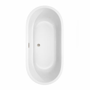 Juliette 67 Inch Freestanding Bathtub in White with Floor Mounted Faucet Drain and Overflow Trim in Brushed Nickel