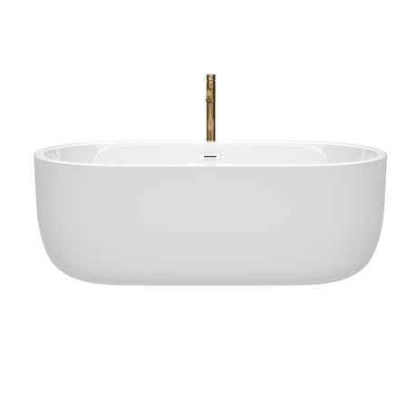 Juliette 67 Inch Freestanding Bathtub in White with Shiny White Trim and Floor Mounted Faucet in Brushed Gold
