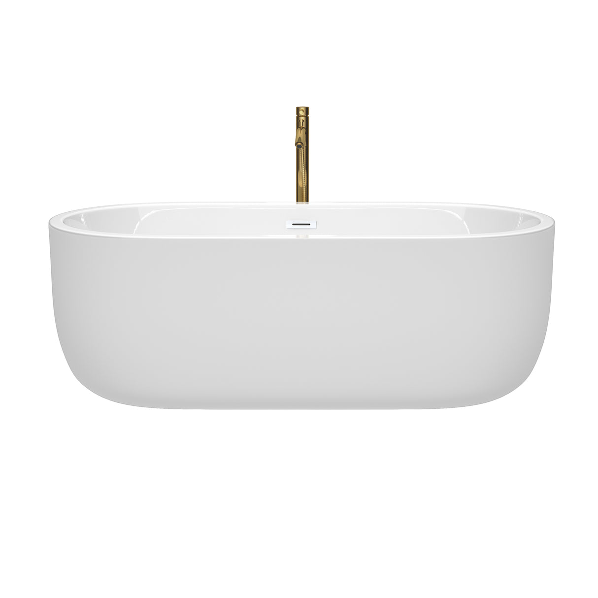 Juliette 67 Inch Freestanding Bathtub in White with Shiny White Trim and Floor Mounted Faucet in Brushed Gold