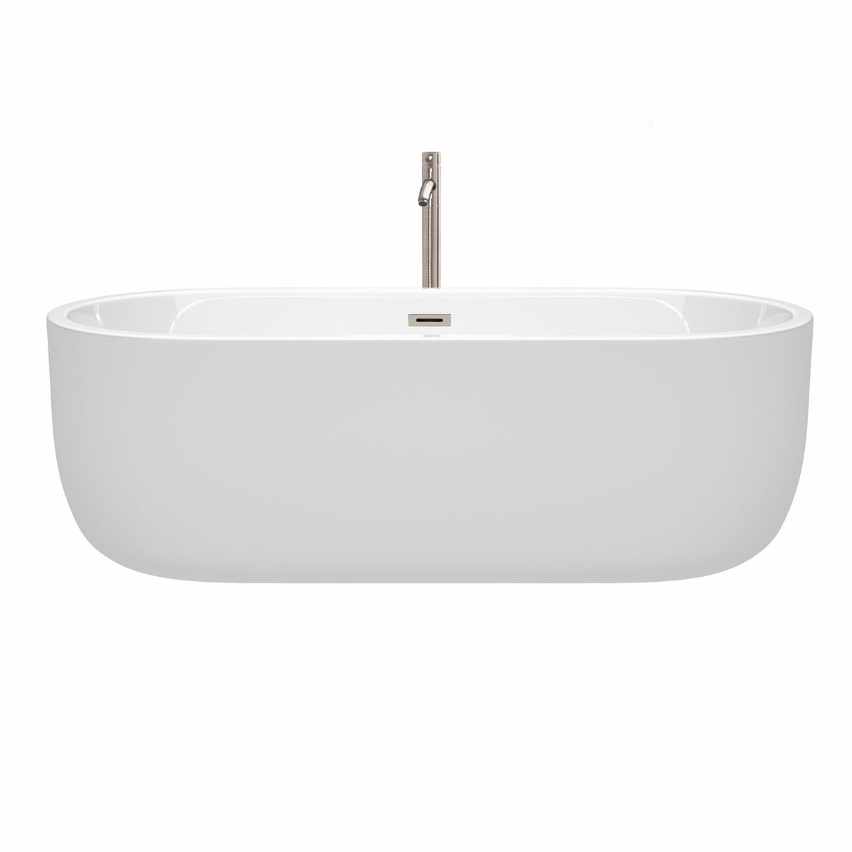 Juliette 71 Inch Freestanding Bathtub in White with Floor Mounted Faucet Drain and Overflow Trim in Brushed Nickel