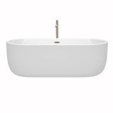 Juliette 71 Inch Freestanding Bathtub in White with Floor Mounted Faucet Drain and Overflow Trim in Brushed Nickel