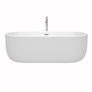 Juliette 71 Inch Freestanding Bathtub in White with Floor Mounted Faucet Drain and Overflow Trim in Polished Chrome