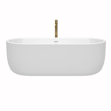 Juliette 71 Inch Freestanding Bathtub in White with Shiny White Trim and Floor Mounted Faucet in Brushed Gold