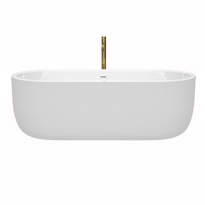 Juliette 71 Inch Freestanding Bathtub in White with Shiny White Trim and Floor Mounted Faucet in Brushed Gold