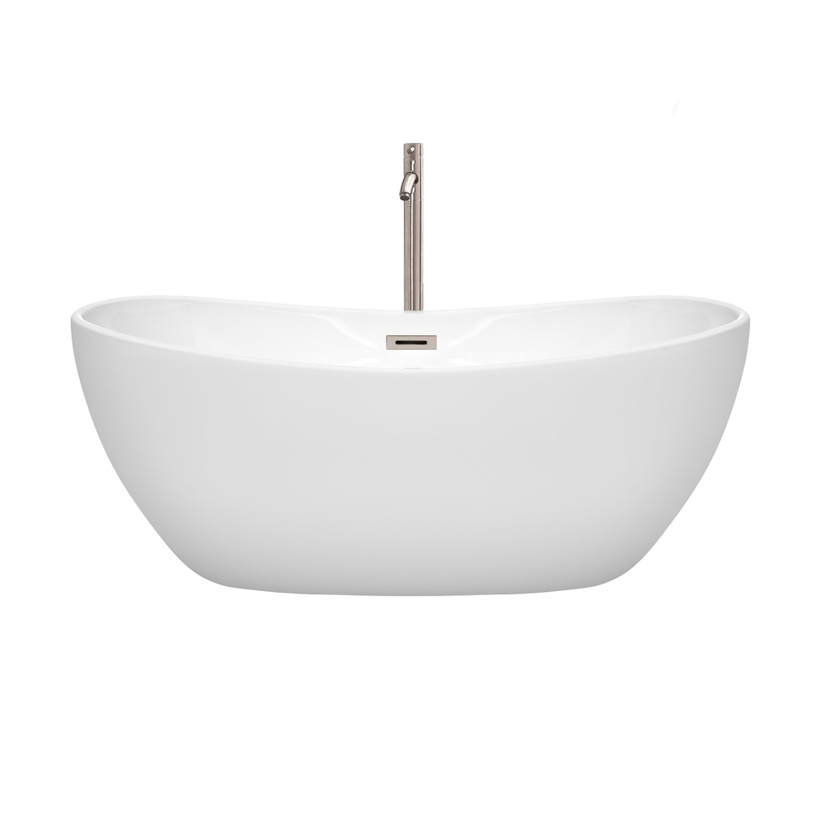 Rebecca 60 Inch Freestanding Bathtub in White with Floor Mounted Faucet Drain and Overflow Trim in Brushed Nickel